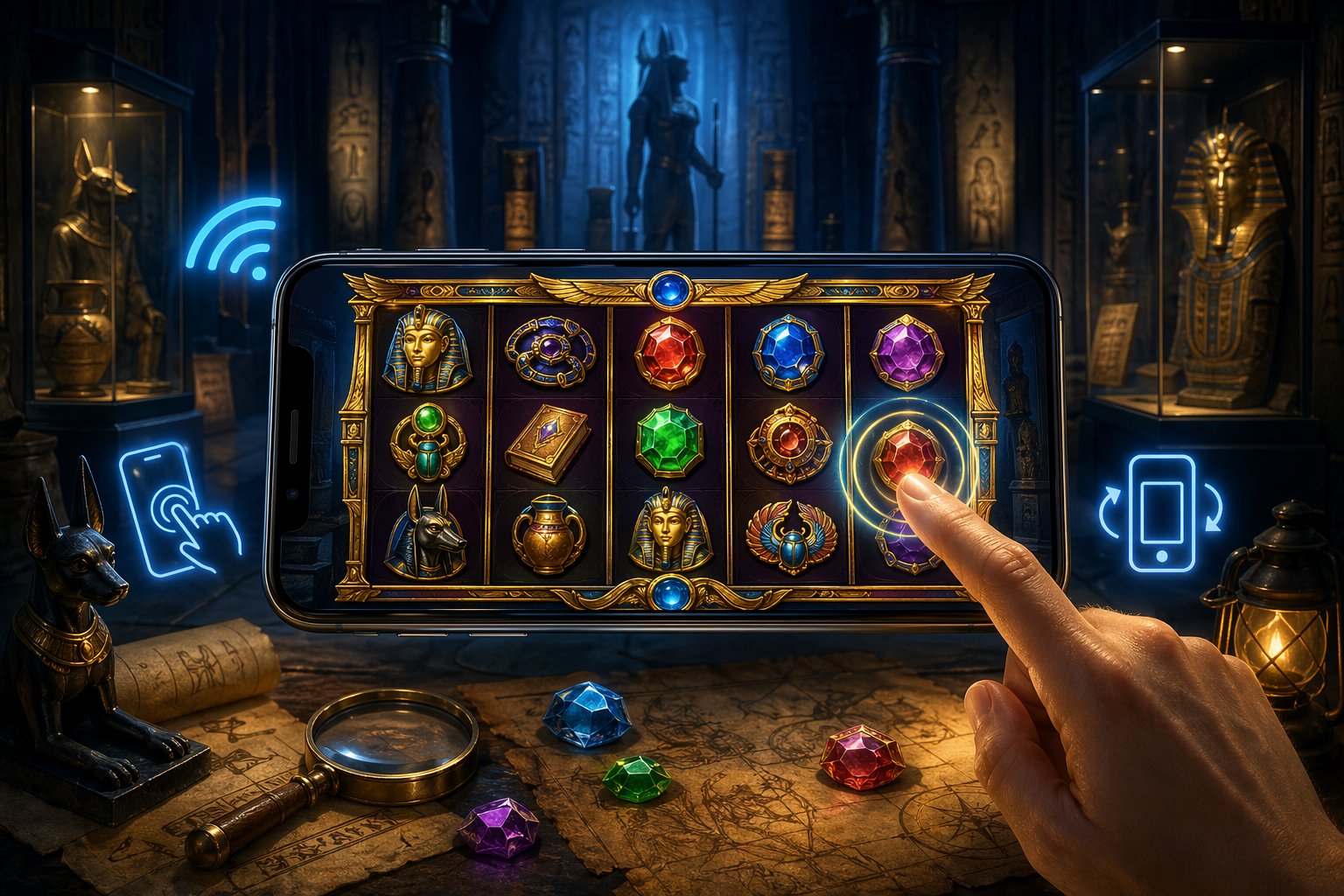 A Mobile Device Displaying A Colorful Slot Game With Ancient Artifacts And Glowing Symbols, Set Against A Dimly Lit Museum Interior With Shadowy Displays And Relics.