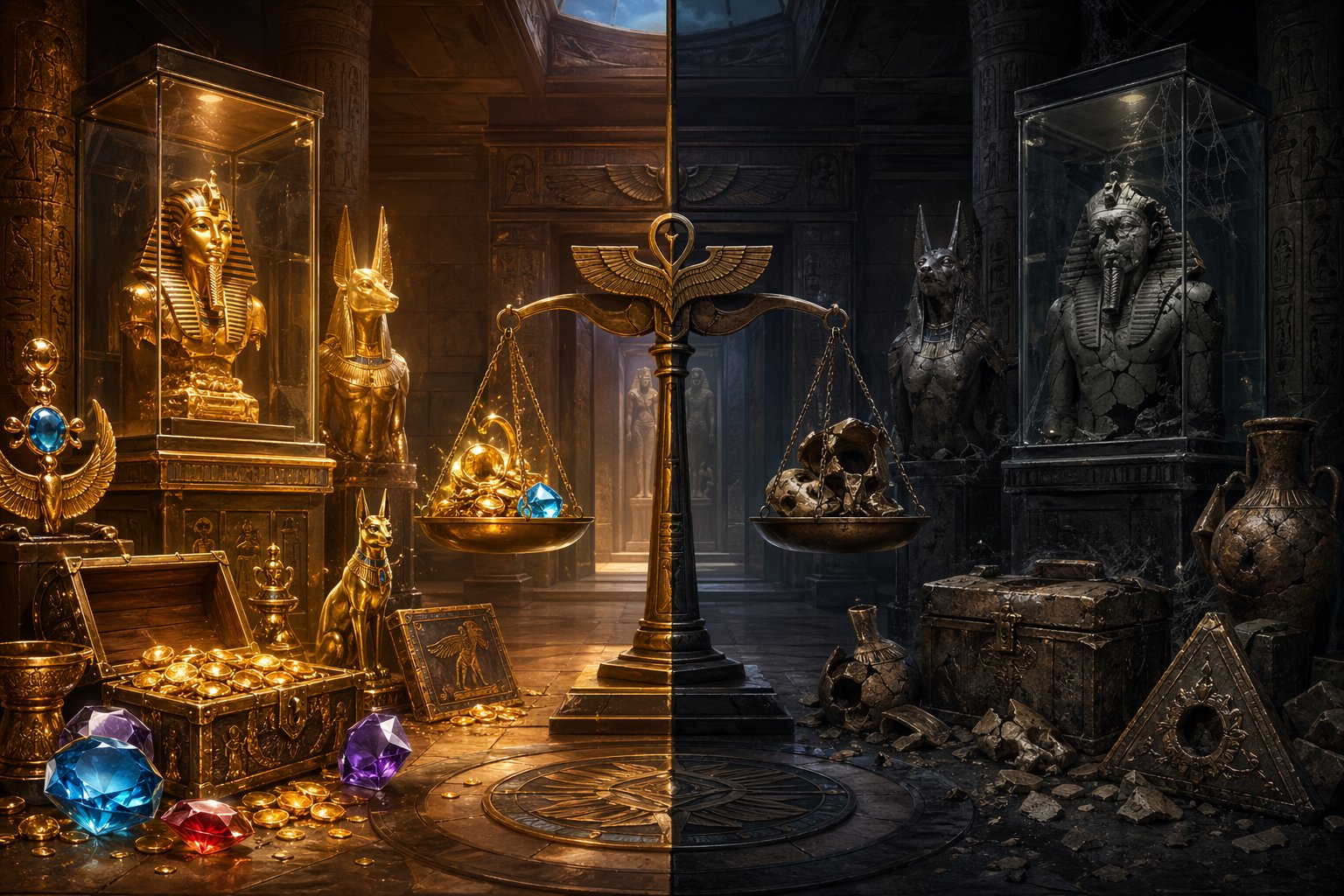 A Museum Interior Showing Glowing Ancient Artifacts On One Side And Cracked Statues On The Other, Illustrating Positive And Negative Aspects Of A Slot Game.