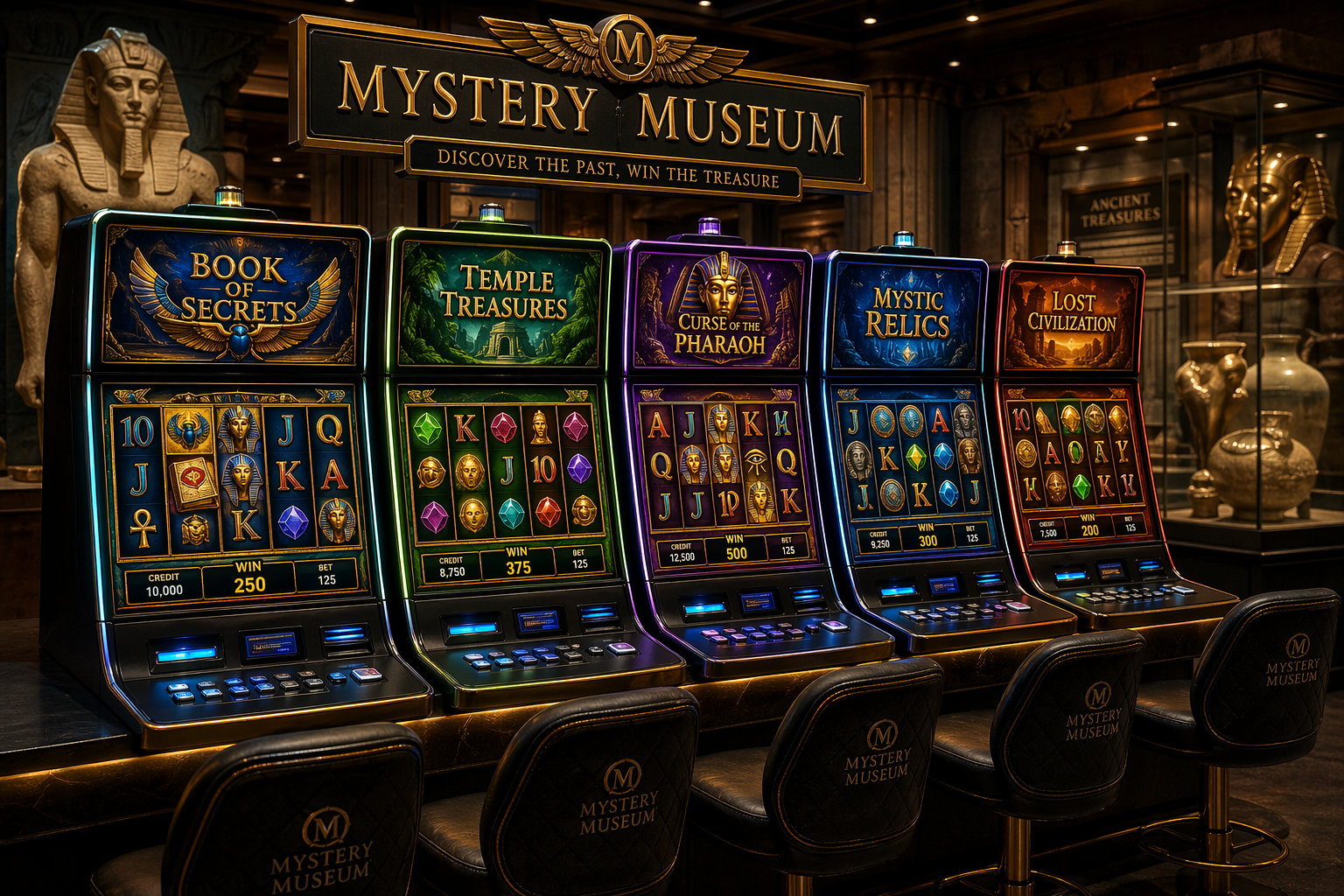 A Casino Table With Several Colorful Slot Machines Showing Symbols Like Gems And Ancient Artifacts, Set Against A Background Of Museum Statues And Relics.