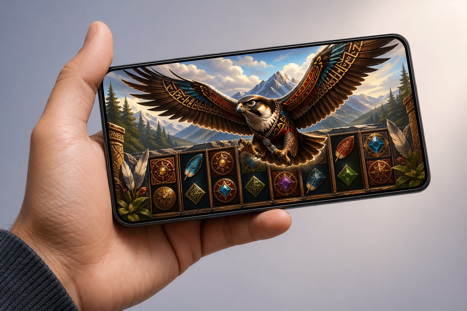 A Hand Holding A Smartphone Displaying A Vibrant Slot Game Featuring A Flying Falcon And Natural Scenery.