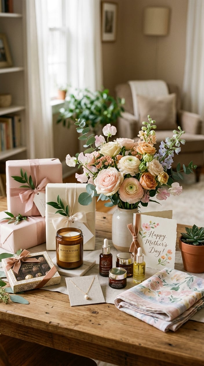 A collection of various wrapped gifts, flowers, and personal items arranged on a wooden table in a cozy home setting.