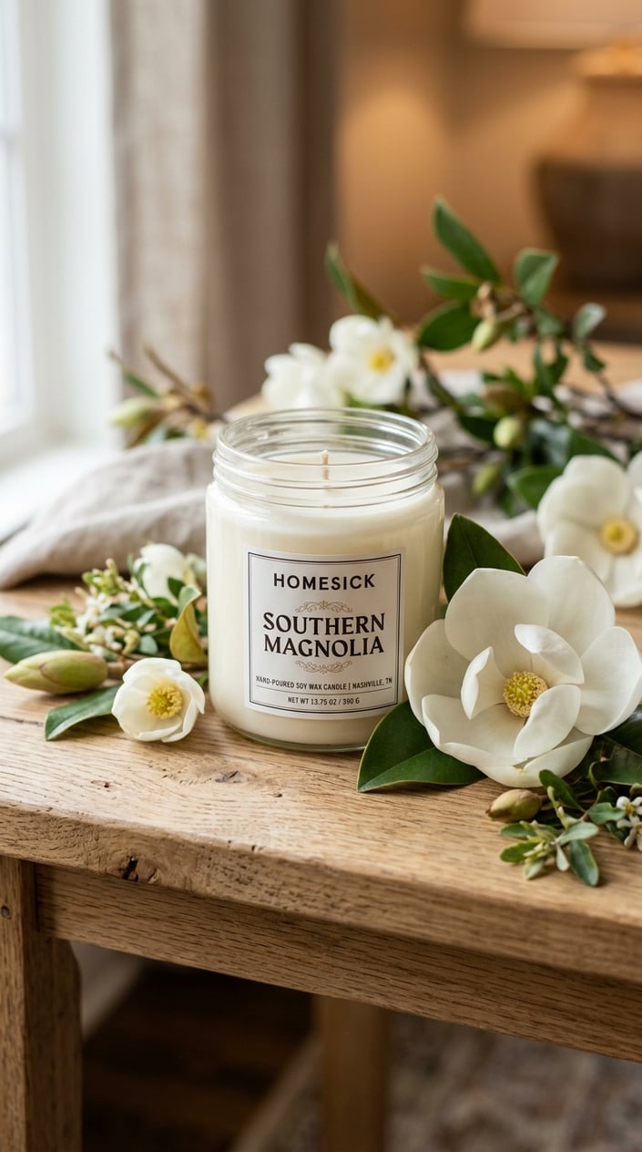 A hand-poured soy candle in a glass container surrounded by southern magnolia flowers and green leaves on a wooden surface.