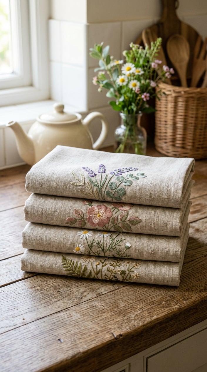 A set of embroidered linen tea towels arranged on a wooden kitchen countertop with a teapot, fresh flowers, and a woven basket in the background.