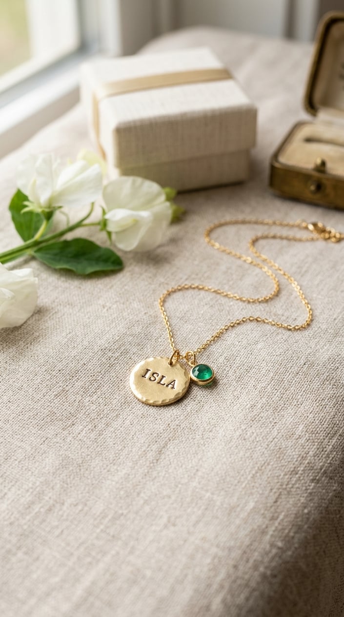 Close-up of a delicate birthstone necklace with a hand-stamped pendant displayed on soft fabric with flowers and a small gift box nearby.