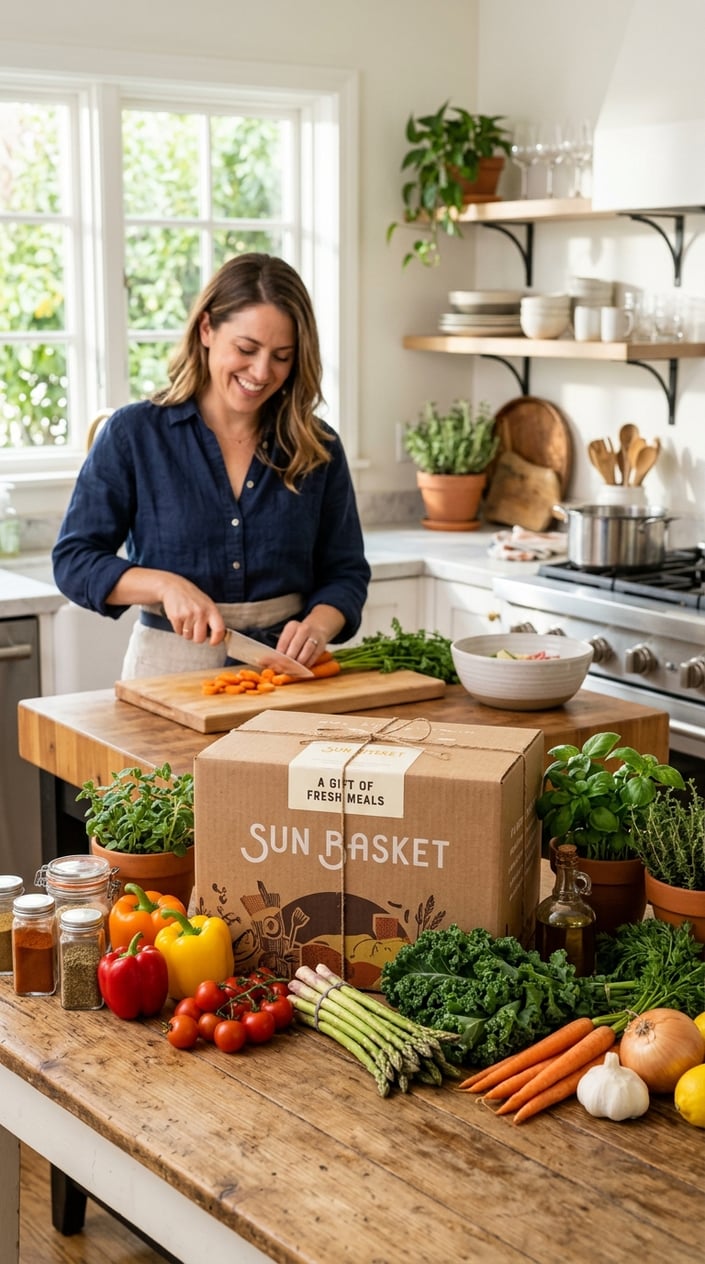 A woman preparing fresh vegetables in a bright kitchen with a Sun Basket meal kit gift box and colorful ingredients on the countertop.