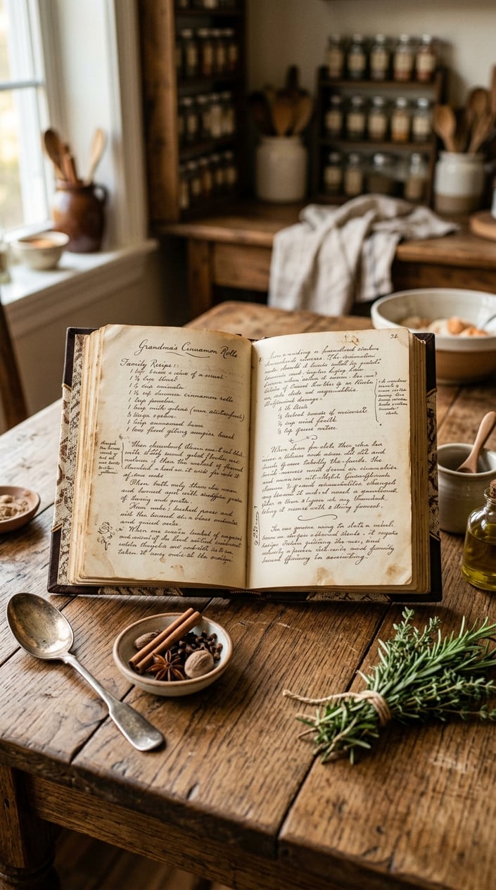 An open handwritten recipe book on a wooden table with kitchen items nearby.