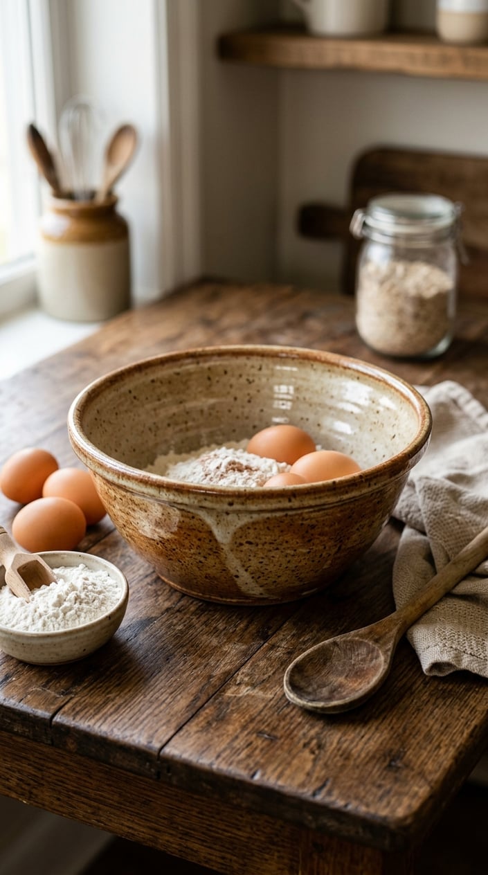 A glazed pottery mixing bowl on a wooden table with eggs, flour, and a wooden spoon in a kitchen setting.