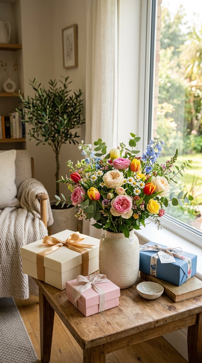 A fresh bouquet of colorful flowers in a vase on a wooden table near a window with gift boxes around it in a cozy living room.