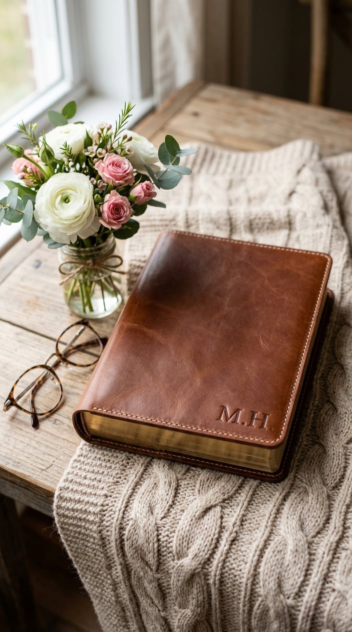 A personalized brown leather Bible cover with elegant stitching placed on a neutral surface, surrounded by flowers, reading glasses, and a knitted blanket.