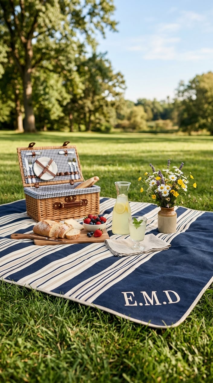 A monogrammed picnic blanket spread on grass with a picnic basket, fruit, lemonade, and flowers in a sunny park.