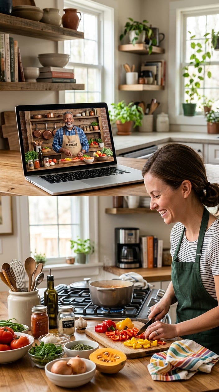A woman participating in a virtual cooking class with a Southern chef on a laptop in a home kitchen.