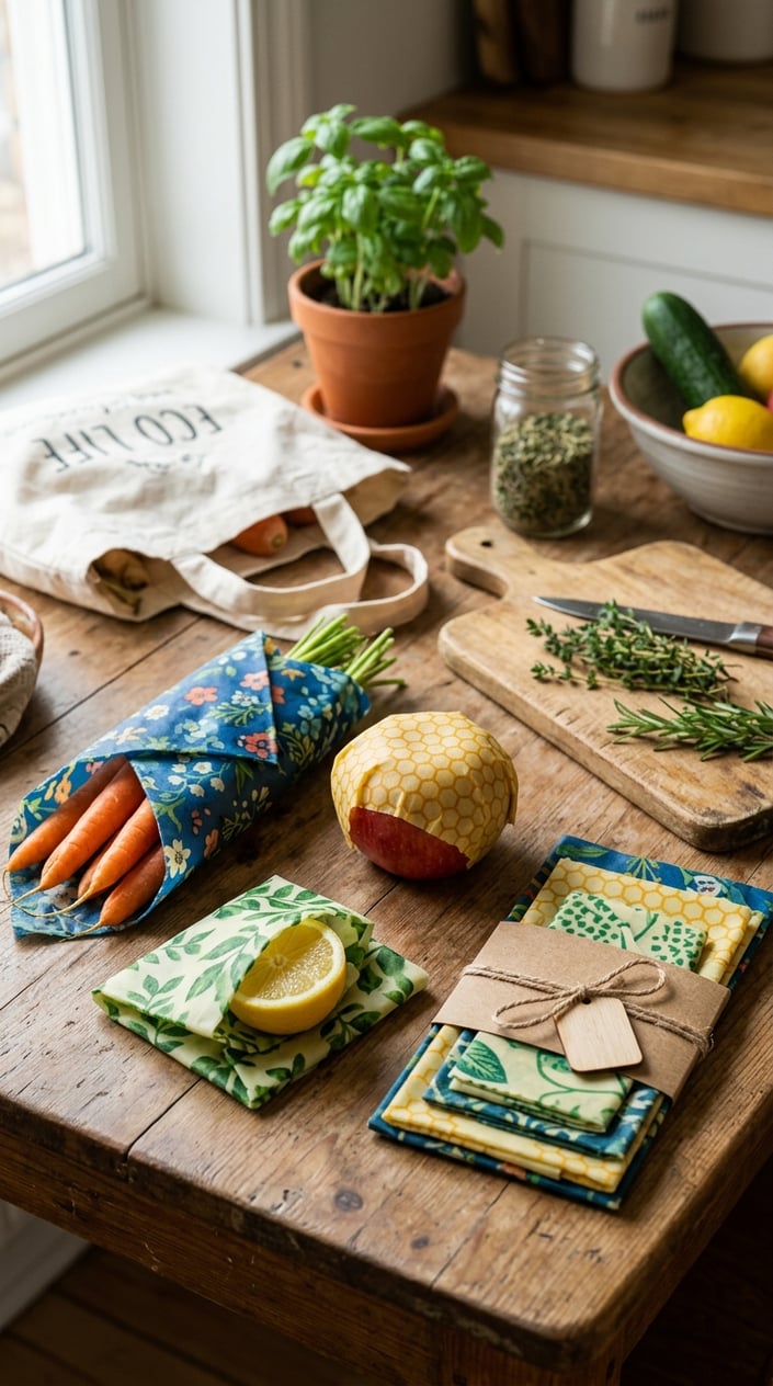 A gift set of colorful handmade beeswax food wraps covering fresh fruits and vegetables on a wooden table with kitchen items and plants around.