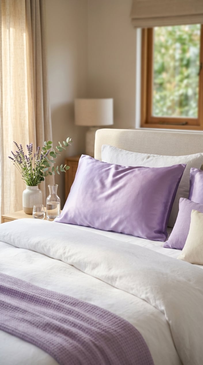 A lavender silk pillowcase on a neatly made bed with white linens in a softly lit bedroom.