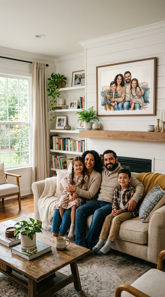 A family of four sitting together on a sofa in a bright living room with a family portrait hanging on the wall behind them.