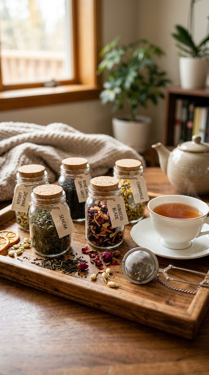 A wooden tray holding glass jars of colorful loose-leaf teas, a steaming white teacup, and a silver tea infuser, arranged on a warm, softly lit surface.
