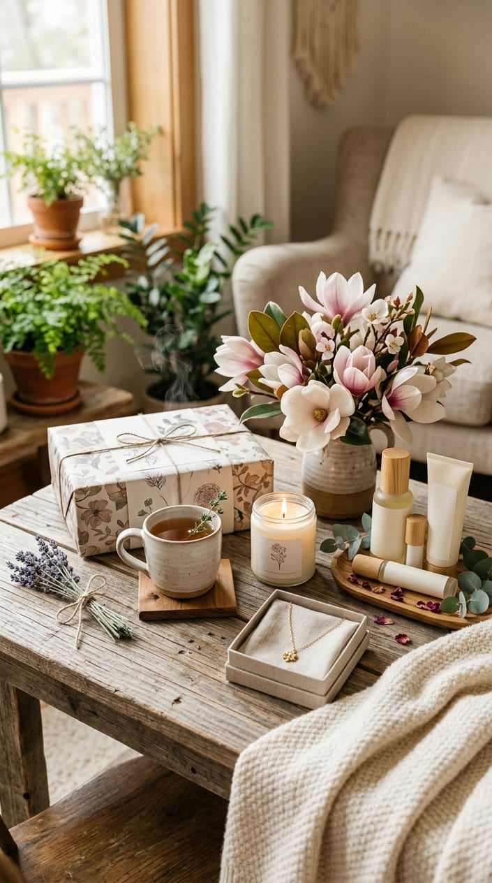 A cozy table with a collection of elegant gift items including fresh magnolia flowers, a subscription box, candles, jewelry, skincare products, a knitted blanket, and a ceramic mug with tea.