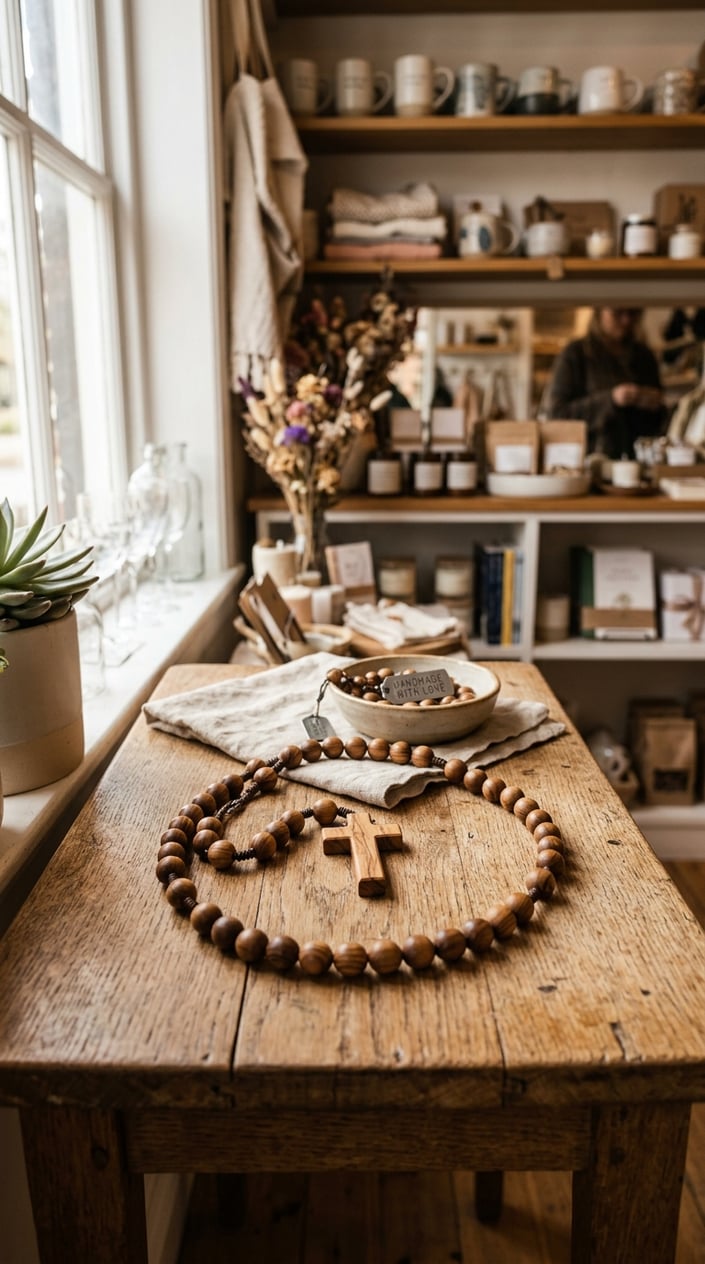 A handcrafted wooden rosary with smooth beads and a wooden cross displayed on a rustic wooden table inside a small shop with shelves of handmade items in the background.