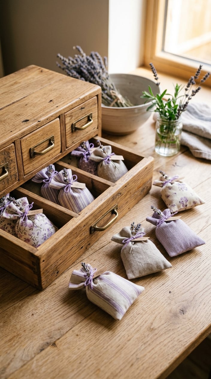 A set of organic lavender sachets displayed next to an open wooden drawer box filled with more sachets on a light wooden surface.