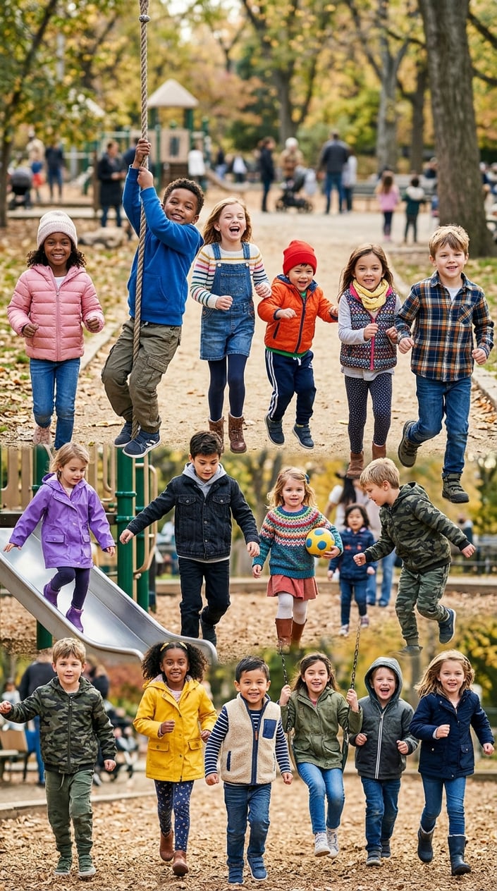 15 Kids' Fashion Pieces That Survive a Full Season of Actual Kids 2 A group of children playing outdoors wearing a variety of durable and colorful clothes.