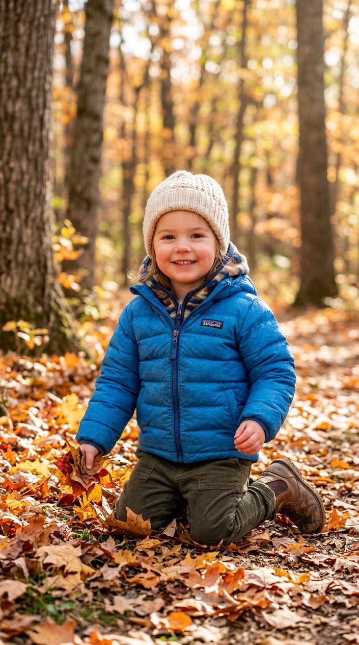 15 Kids' Fashion Pieces That Survive a Full Season of Actual Kids 3 A young child wearing a warm puffy jacket playing outdoors among fallen leaves on a sunny autumn day.