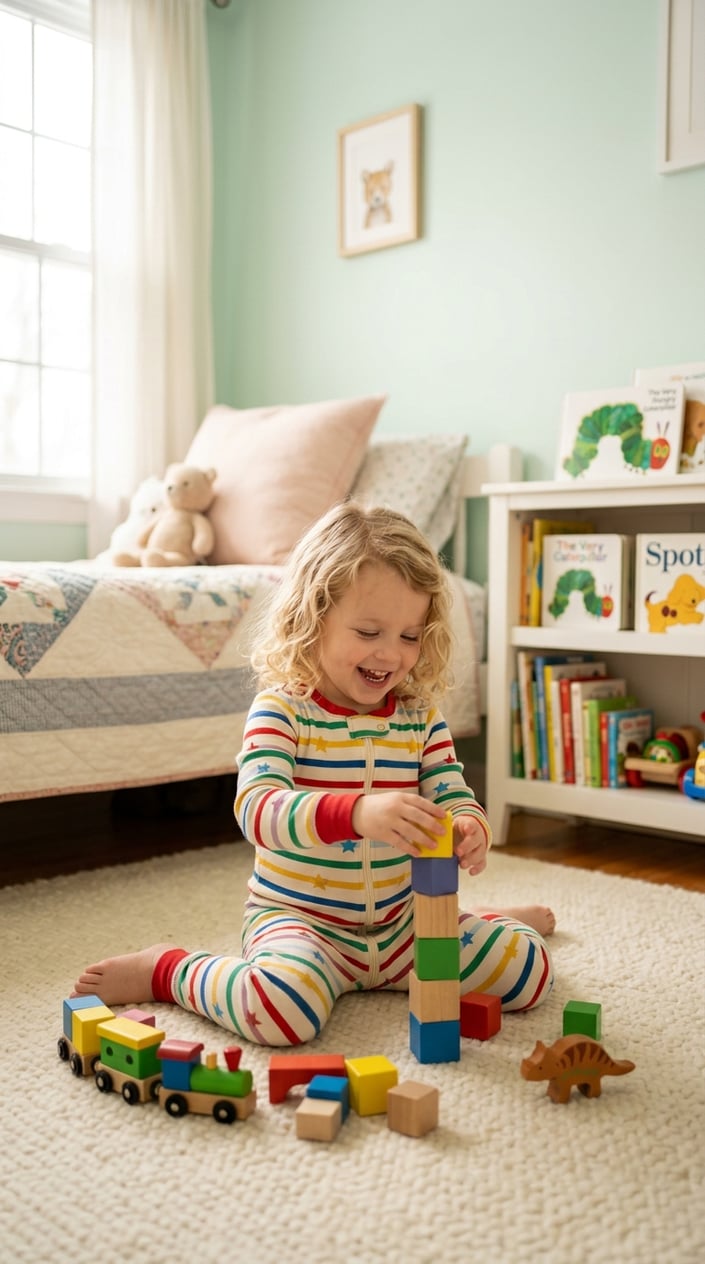 15 Kids' Fashion Pieces That Survive a Full Season of Actual Kids 4 A young child wearing colorful zip-up pajamas playing in a bright, cozy bedroom.