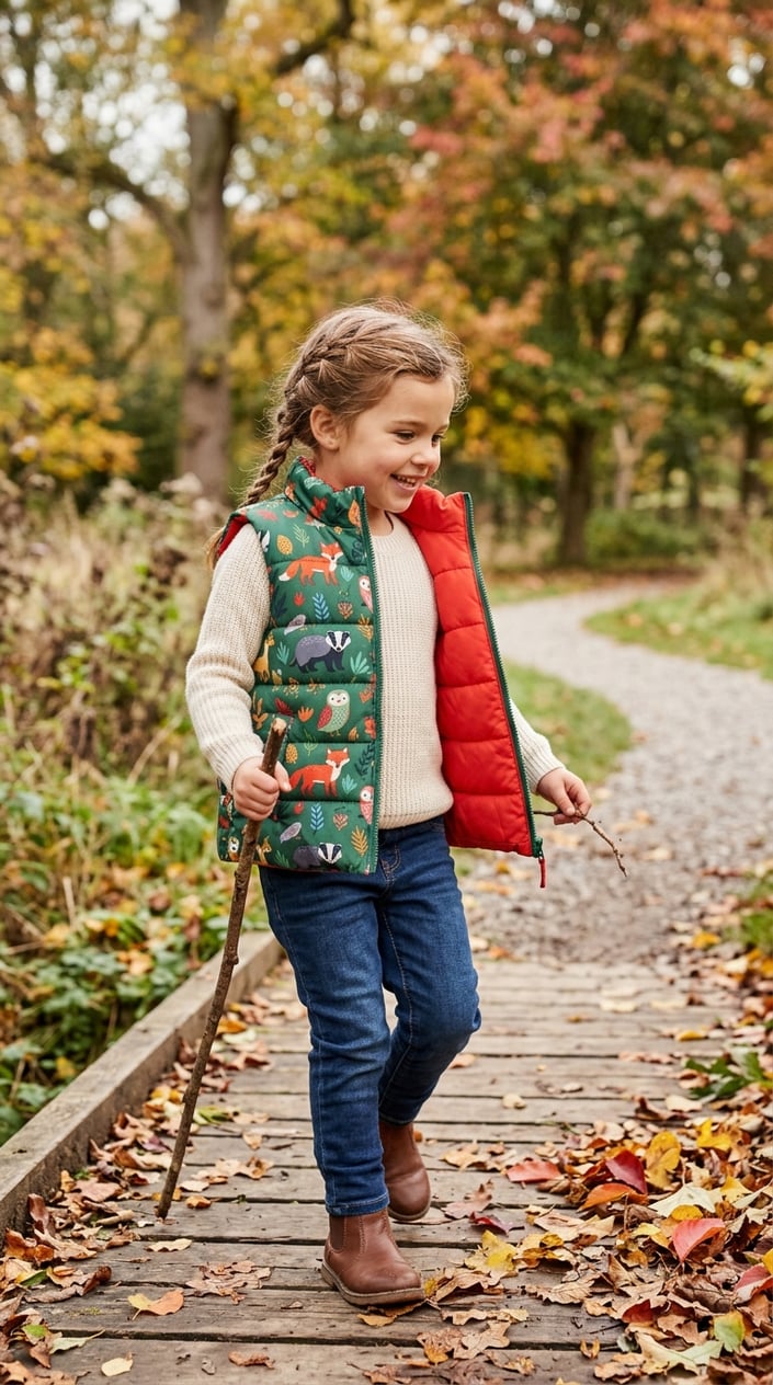 15 Kids' Fashion Pieces That Survive a Full Season of Actual Kids 5 A young child outdoors wearing a reversible puffer vest, smiling and playing.