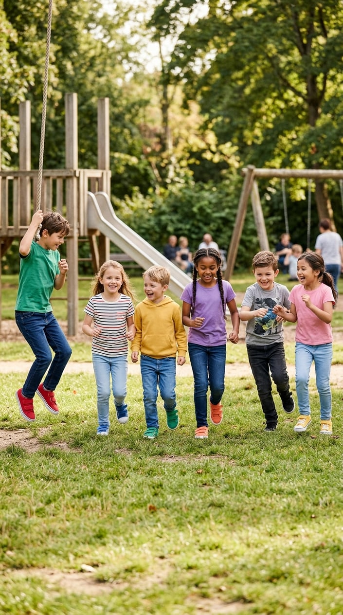 15 Kids' Fashion Pieces That Survive a Full Season of Actual Kids 6 A group of children playing outdoors wearing comfortable stretch jeans.