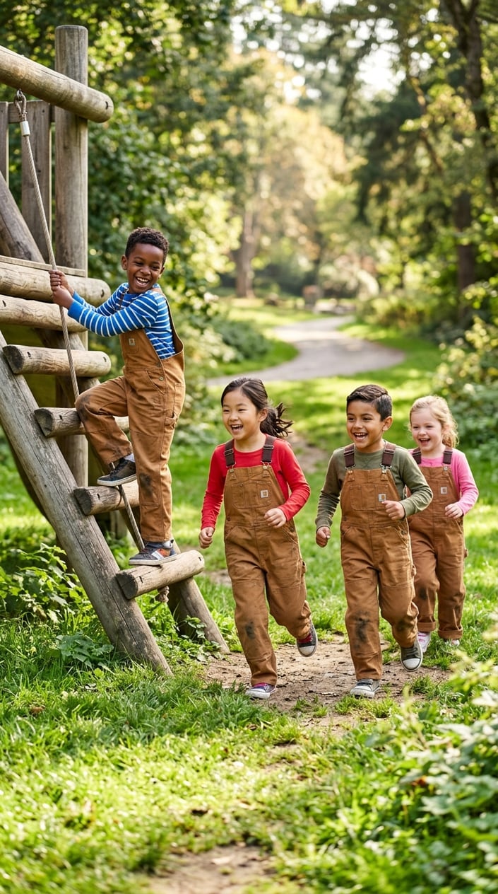 15 Kids' Fashion Pieces That Survive a Full Season of Actual Kids 7 A group of children playing outdoors wearing durable canvas bib overalls, surrounded by grass and trees.