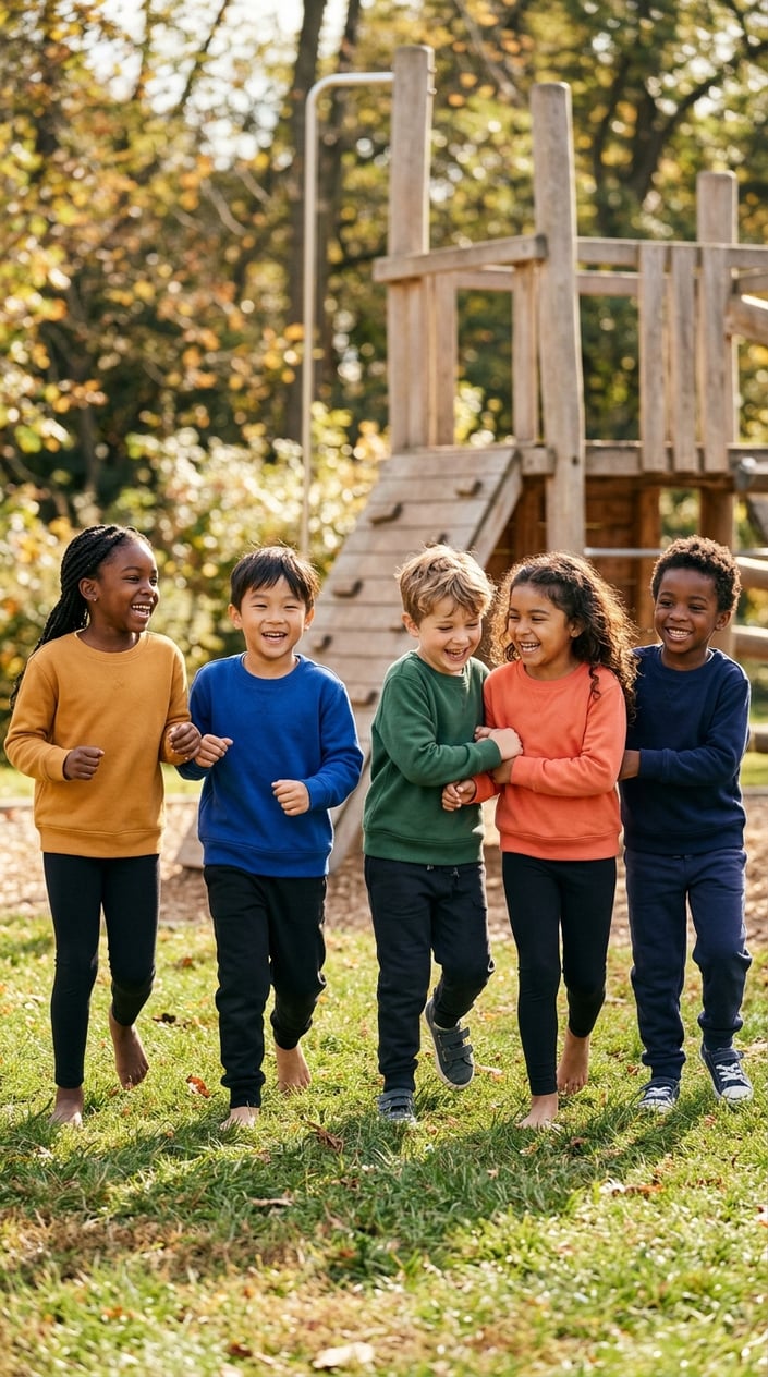 15 Kids' Fashion Pieces That Survive a Full Season of Actual Kids 8 A group of children wearing colorful crewneck sweatshirts playing and smiling outdoors in a park.