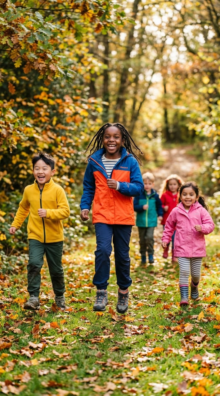 15 Kids' Fashion Pieces That Survive a Full Season of Actual Kids 9 Children playing outdoors wearing colorful rain jackets and durable clothing in a park setting.