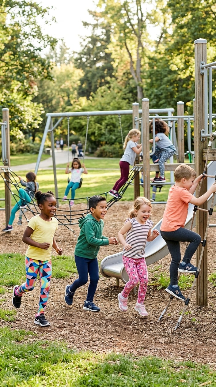 15 Kids' Fashion Pieces That Survive a Full Season of Actual Kids 10 A group of children playing outdoors in colorful leggings, running and climbing in a sunny park.
