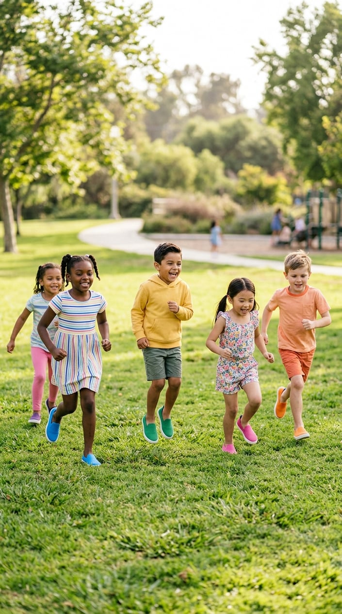 15 Kids' Fashion Pieces That Survive a Full Season of Actual Kids 11 Young children playing outdoors wearing colorful slip-on shoes on a sunny day.