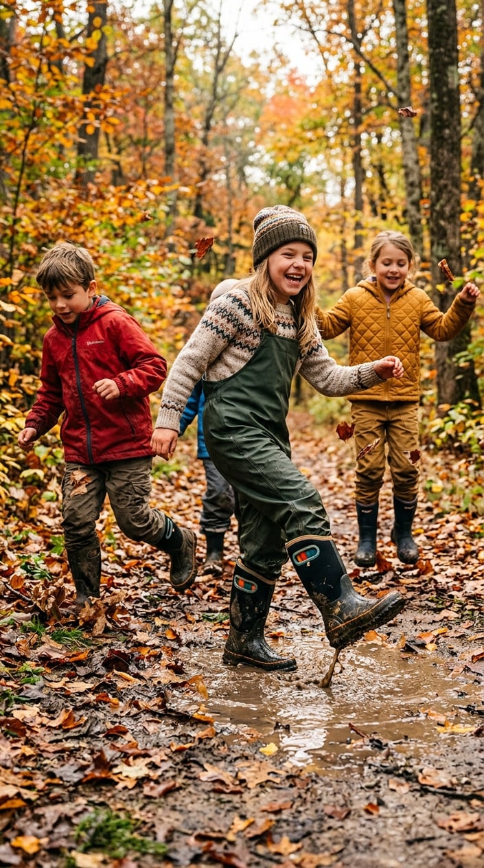 15 Kids' Fashion Pieces That Survive a Full Season of Actual Kids 12 Children playing outdoors in autumn wearing durable boots and fall clothing.