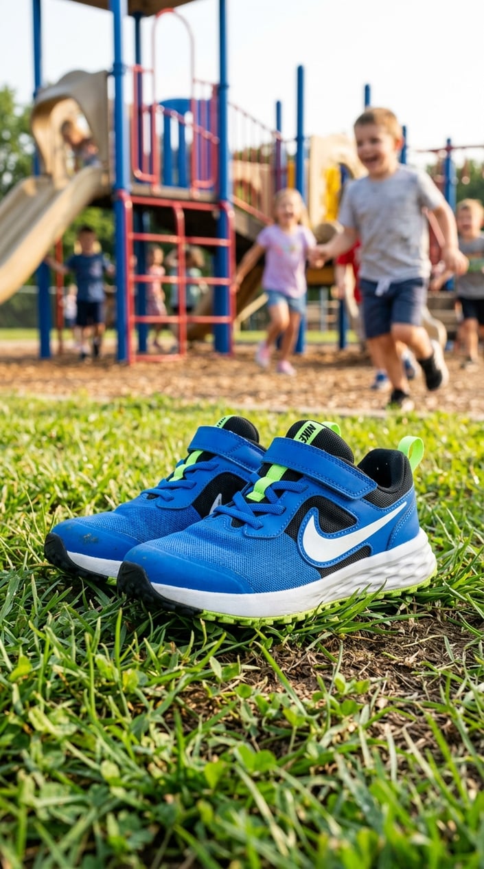 15 Kids' Fashion Pieces That Survive a Full Season of Actual Kids 13 A pair of children's Nike running shoes placed outdoors on a natural surface with blurred playground equipment and children playing in the background.
