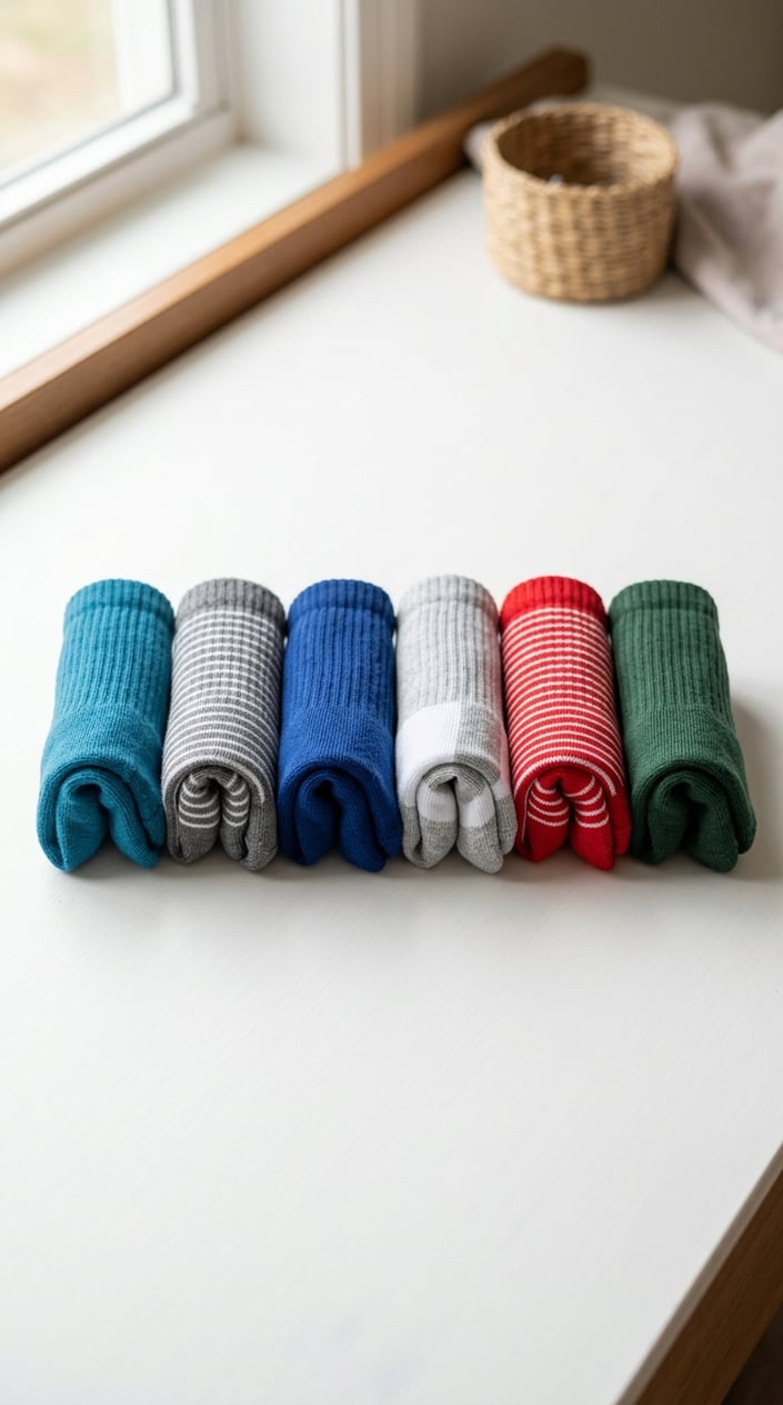 15 Kids' Fashion Pieces That Survive a Full Season of Actual Kids 14 A set of six colorful kids' crew socks arranged neatly on a white background.