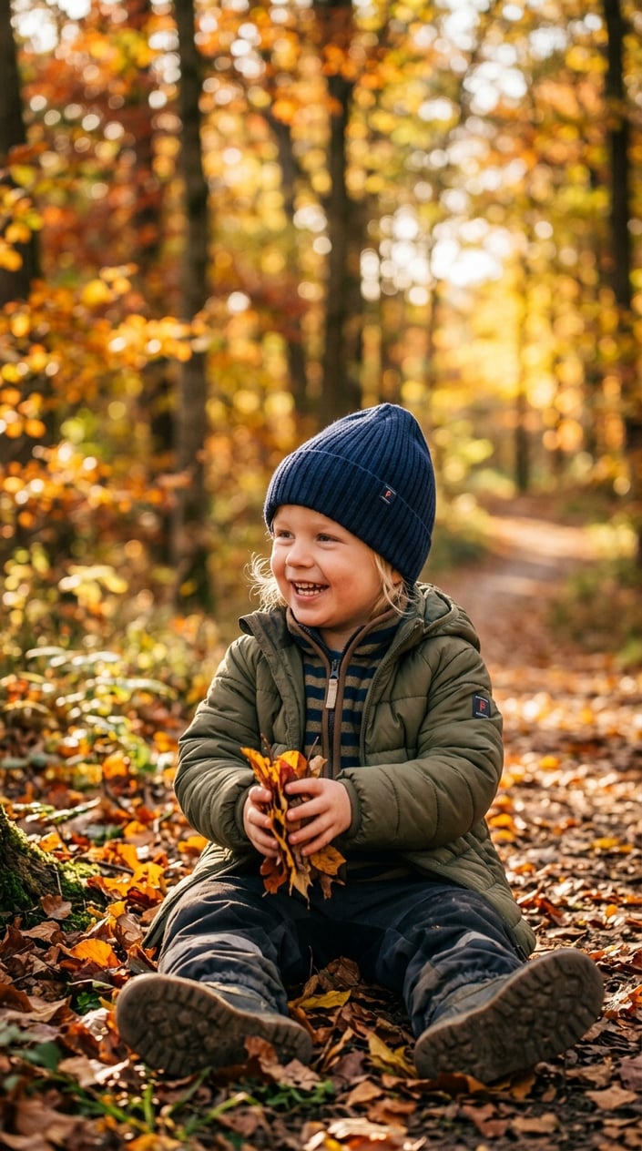 15 Kids' Fashion Pieces That Survive a Full Season of Actual Kids 15 A young child wearing a warm wool beanie outdoors in autumn, smiling and playing among fallen leaves.
