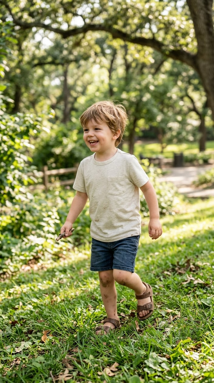15 Kids' Fashion Pieces That Survive a Full Season of Actual Kids 16 A young child outdoors wearing a light-colored cotton pocket tee, smiling and playing in a green park setting.
