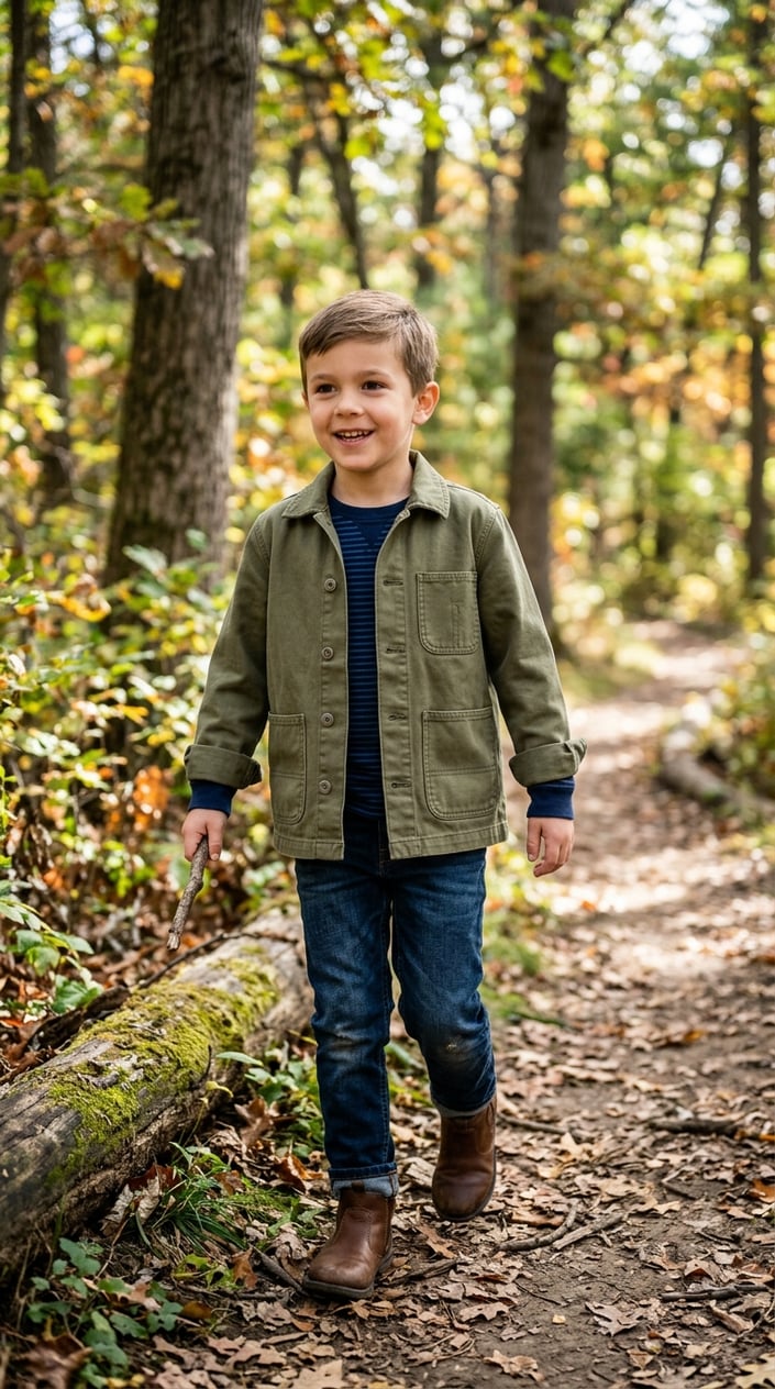 15 Kids' Fashion Pieces That Survive a Full Season of Actual Kids 17 A child wearing a chore jacket outdoors, playing and exploring in a natural setting.