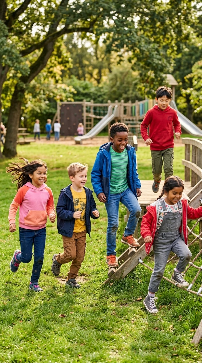 15 Kids' Fashion Pieces That Survive a Full Season of Actual Kids 18 Children playing energetically outdoors wearing durable clothing that remains intact during active play.