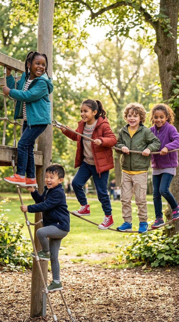 15 Kids' Fashion Pieces That Survive a Full Season of Actual Kids 19 Children playing actively outdoors in durable, stylish clothing on a sunny day in a park.