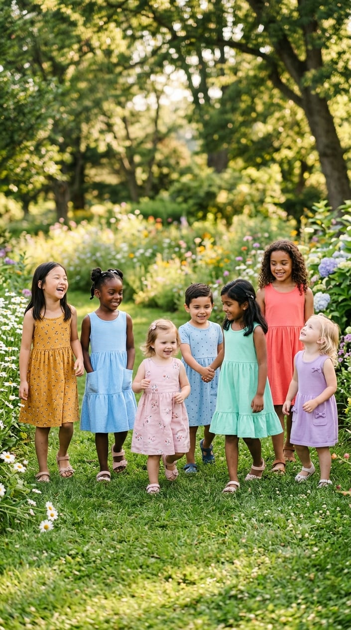 22 Children's Dresses That Don't Feel Itchy, Cheap, or Like a Costume 2 A group of young children wearing comfortable dresses playing together outdoors in a sunny park.