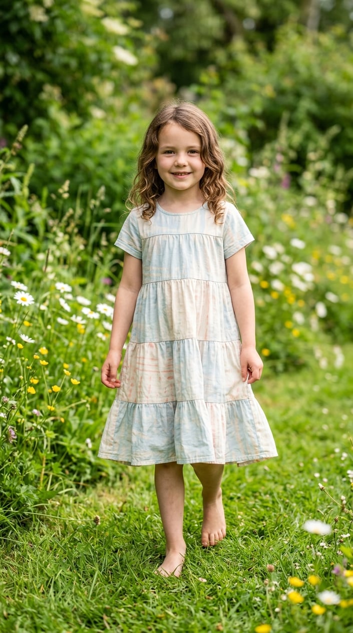 22 Children's Dresses That Don't Feel Itchy, Cheap, or Like a Costume 3 A young girl standing outdoors wearing a soft tiered cotton dress, smiling gently with greenery in the background.