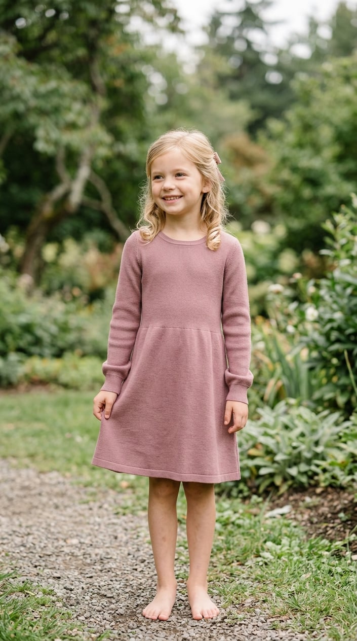 22 Children's Dresses That Don't Feel Itchy, Cheap, or Like a Costume 4 A young girl standing outdoors wearing a long-sleeve knit dress, smiling gently with greenery in the background.