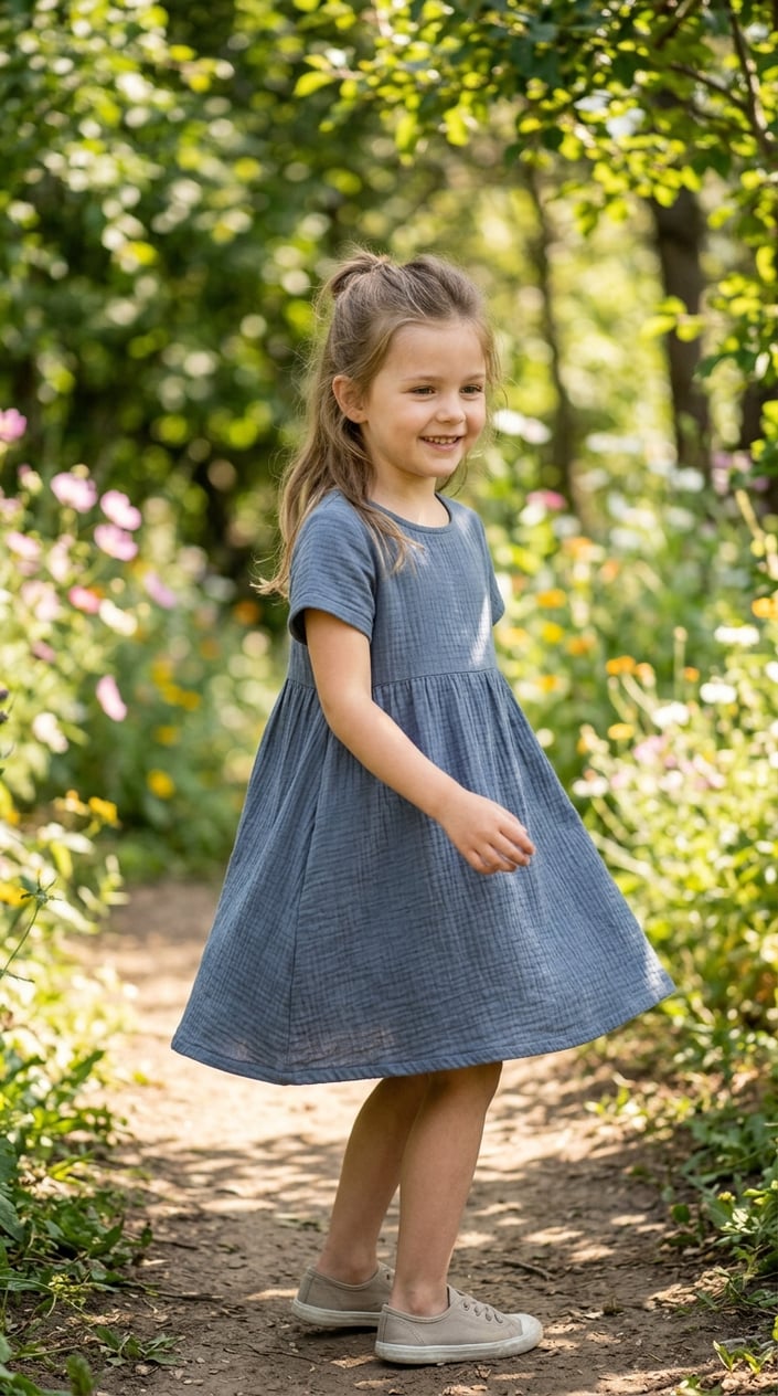 22 Children's Dresses That Don't Feel Itchy, Cheap, or Like a Costume 5 A young girl wearing a simple cotton dress stands smiling in a sunlit garden with greenery and flowers.