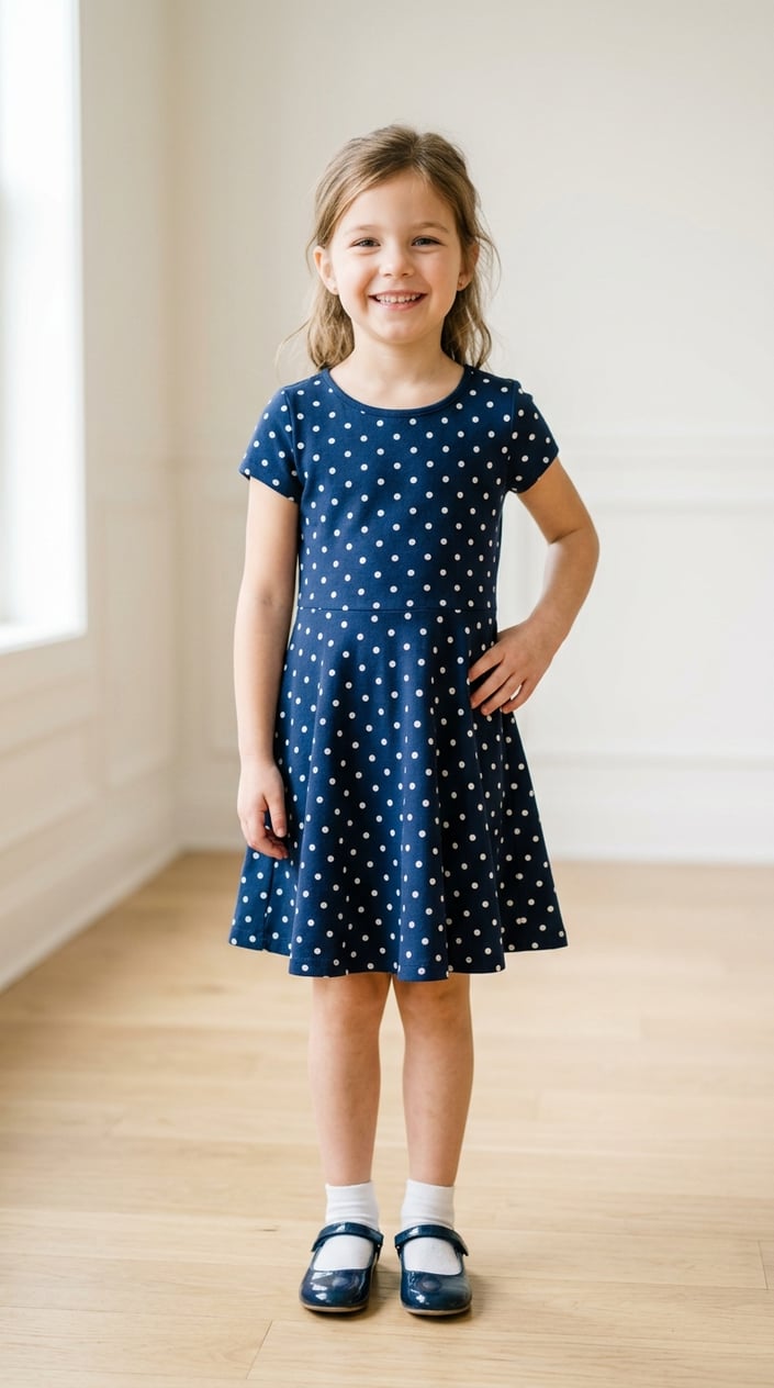 22 Children's Dresses That Don't Feel Itchy, Cheap, or Like a Costume 6 A young girl smiling and standing indoors wearing a comfortable cotton skater dress.