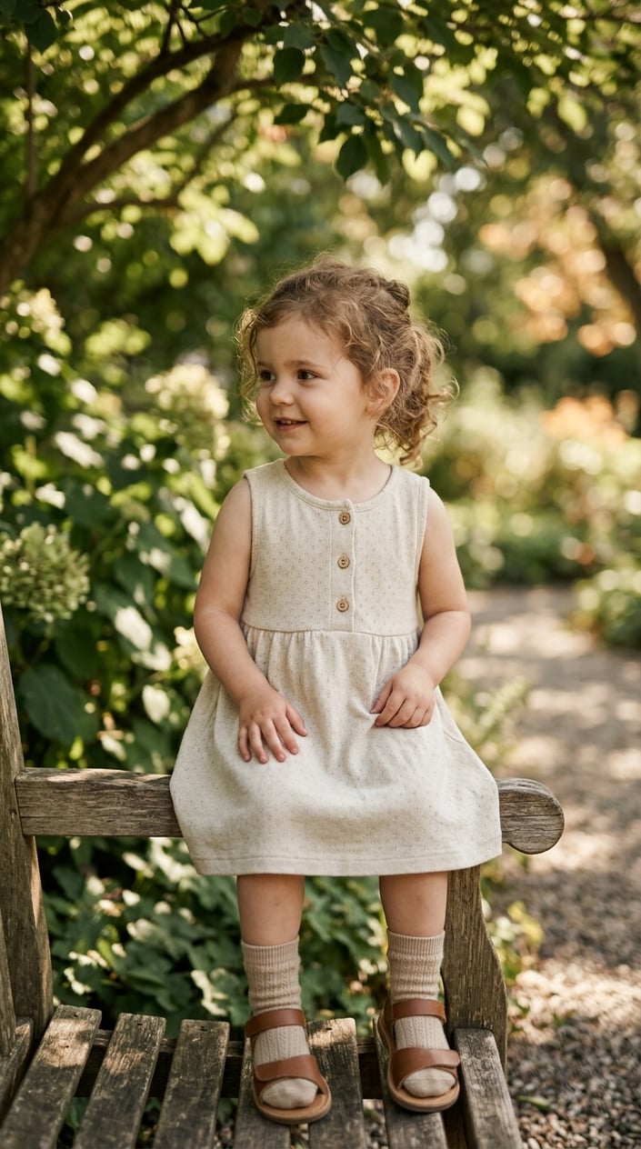 22 Children's Dresses That Don't Feel Itchy, Cheap, or Like a Costume 7 A young child wearing a light-colored cotton dress standing outdoors surrounded by green plants.
