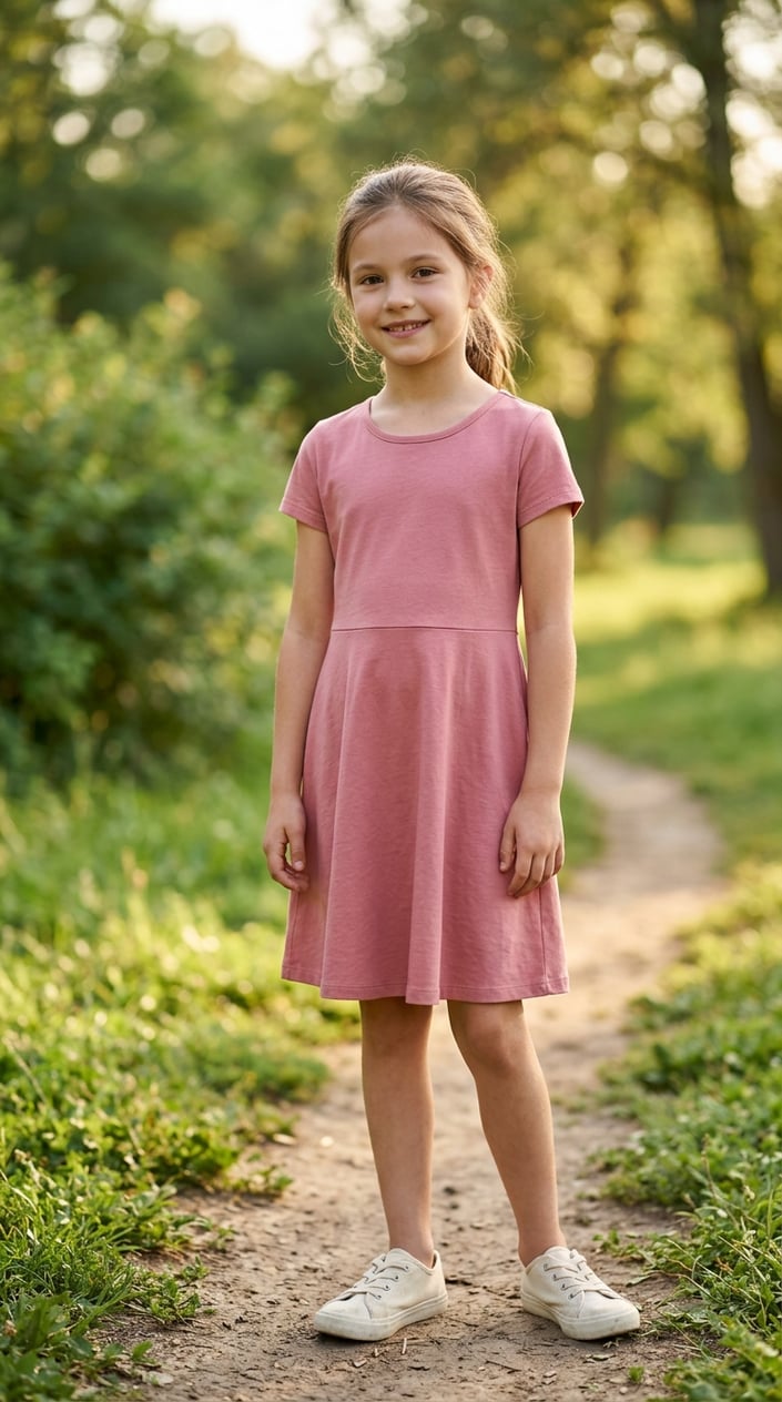 22 Children's Dresses That Don't Feel Itchy, Cheap, or Like a Costume 8 A young girl standing outdoors wearing a comfortable fit-and-flare dress, smiling gently.