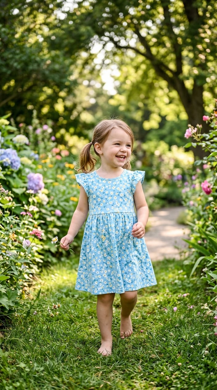 22 Children's Dresses That Don't Feel Itchy, Cheap, or Like a Costume 9 A young child smiling and playing outdoors wearing a soft cotton dress.