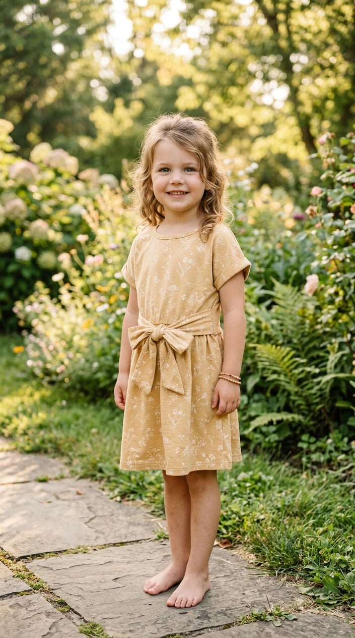 22 Children's Dresses That Don't Feel Itchy, Cheap, or Like a Costume 10 A young child standing outdoors wearing a comfortable tie-waist dress, smiling gently with greenery in the background.