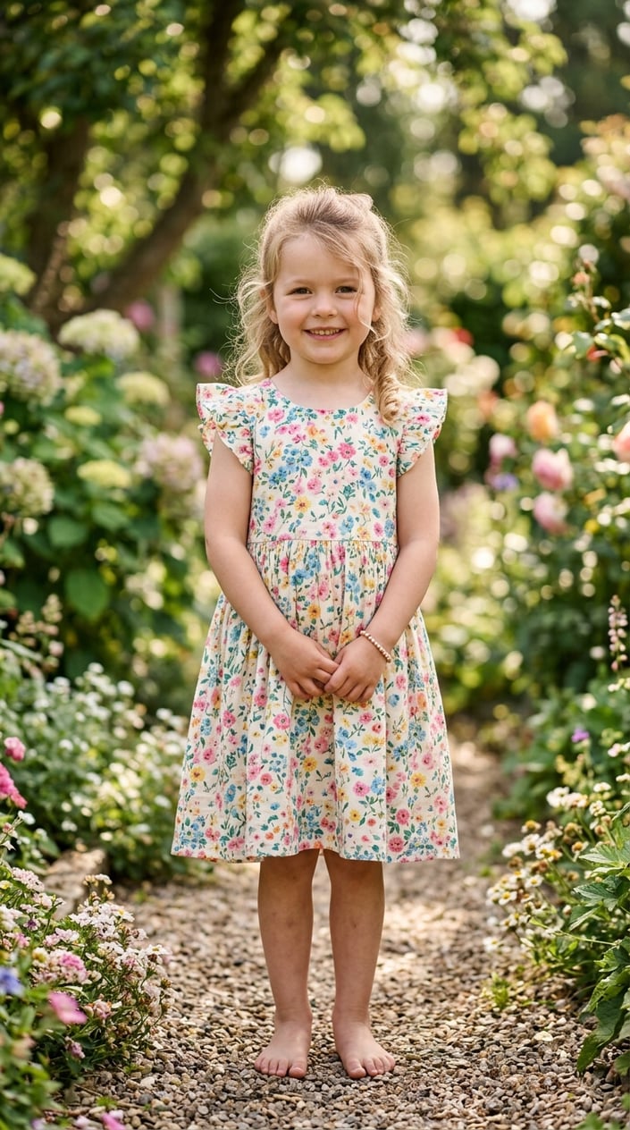 22 Children's Dresses That Don't Feel Itchy, Cheap, or Like a Costume 11 A young girl standing outside wearing a colorful floral dress, smiling with greenery in the background.